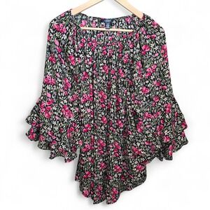 Chaps Top Womens Plus 1X Pink Black Floral Print Peasant Blouse Sheer Casual
